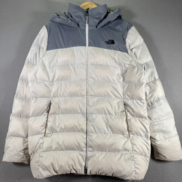 The North Face Nuptse Parka 700 Goose Down Puffer Jacket Womens XL White Gray - Picture 1 of 16